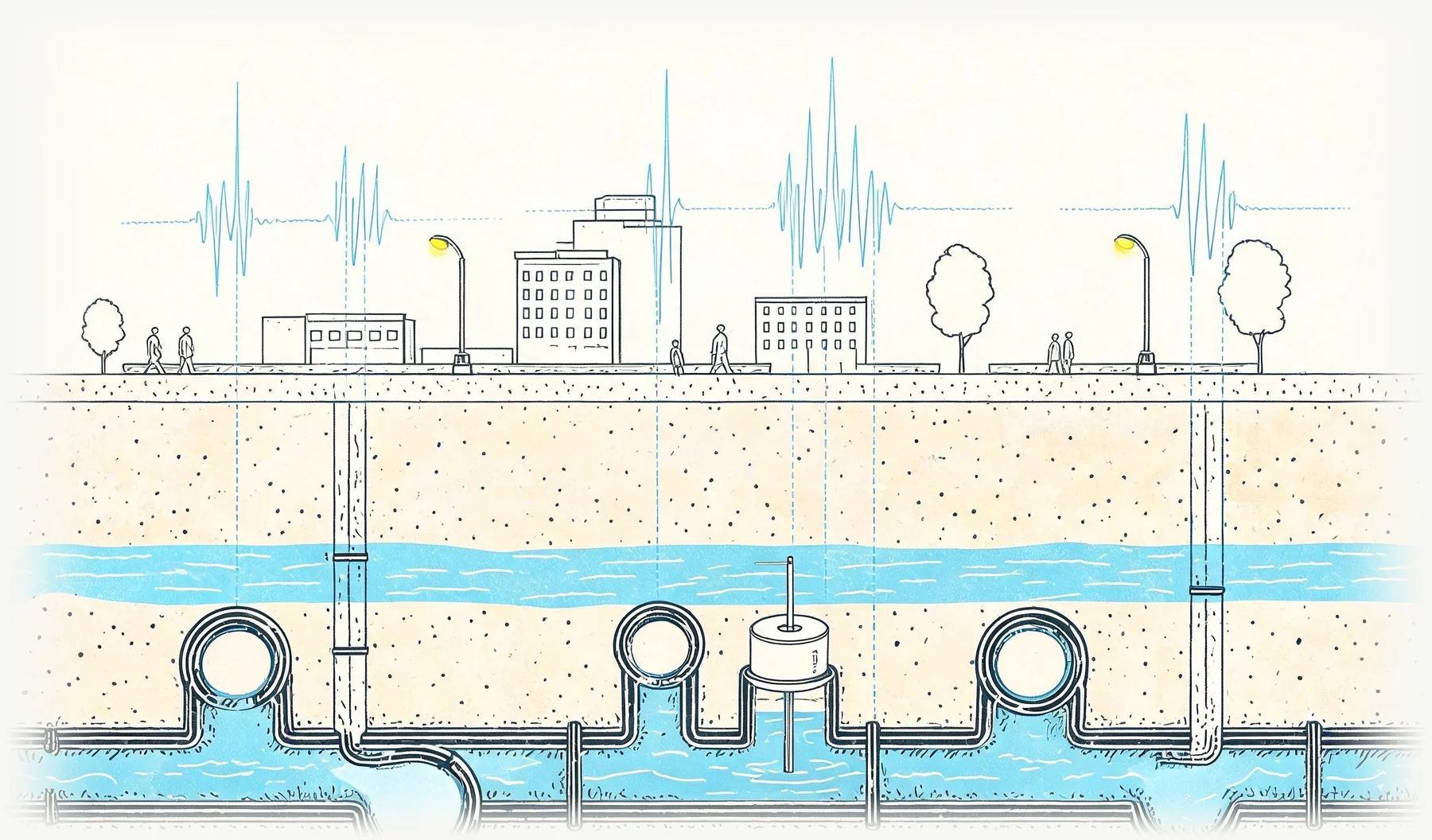城市地下排水管网剖面插画：地表城市之下是土层与排水管网，检查井中安装着监测设备，数据曲线向地面延伸